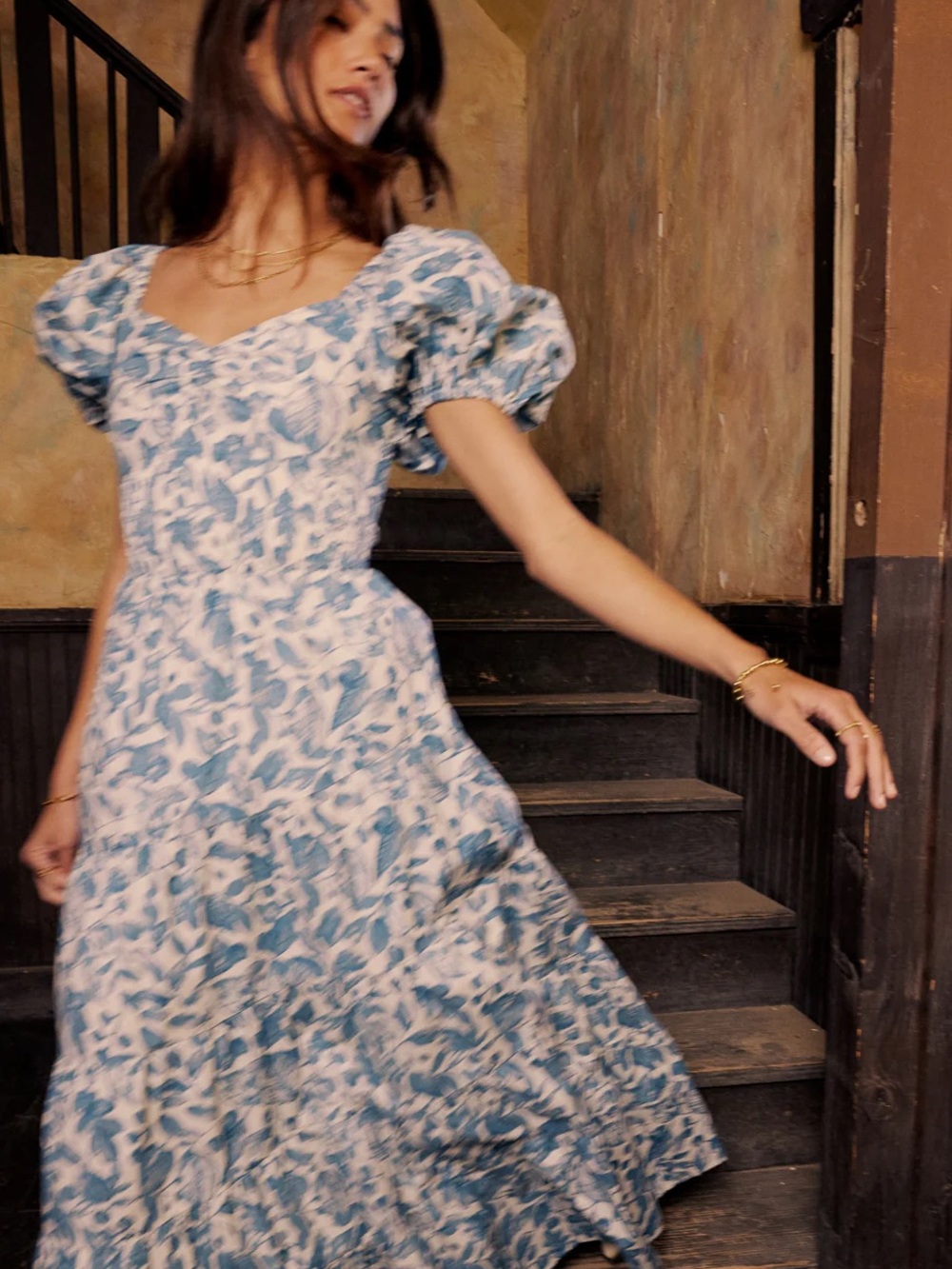 Böhme Teal Floral Puff Sleeve Smocked Cotton Maxi Dress XS Cottagecore